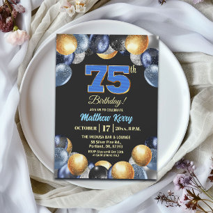 Elegant Blauw Zilver Goud 75ste Verjaardagsfeest Kaart