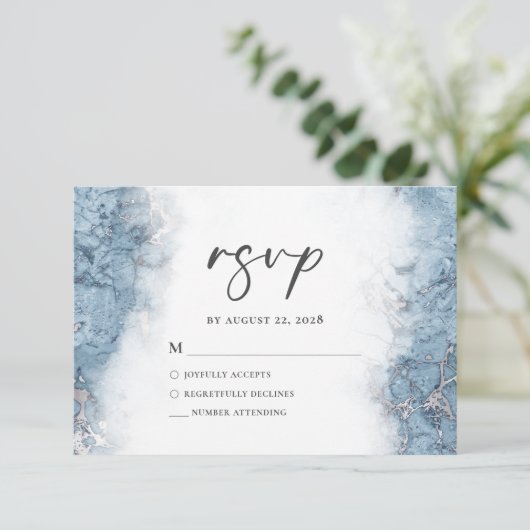 Elegant blauw zilver marmer RSVP (Staand voorkant)