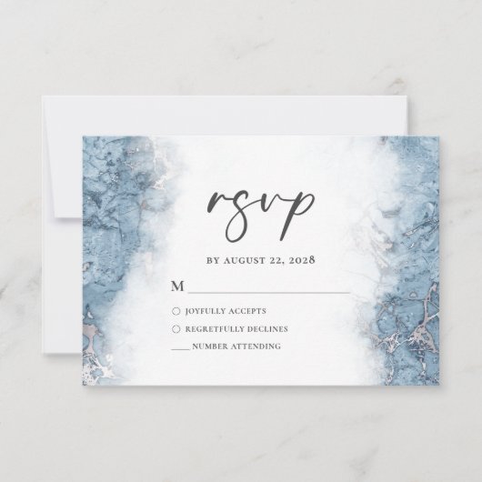 Elegant blauw zilver marmer RSVP Kaartje (Voorkant)