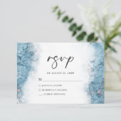 Elegant blauw zilver marmer RSVP Kaartje (Staand voorkant)