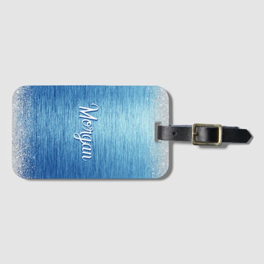 Elegant Blauw Zilver Modern Gepersonaliseerd Bagagelabel (Voorkant (horizontaal))