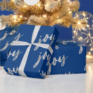 Elegant Blauw Zilver Vreugde Kalligrafie Kerstmis Cadeaupapier