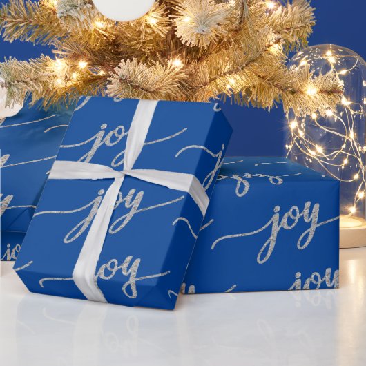 Elegant Blauw Zilver Vreugde Kalligrafie Kerstmis Cadeaupapier (Feestdagen)