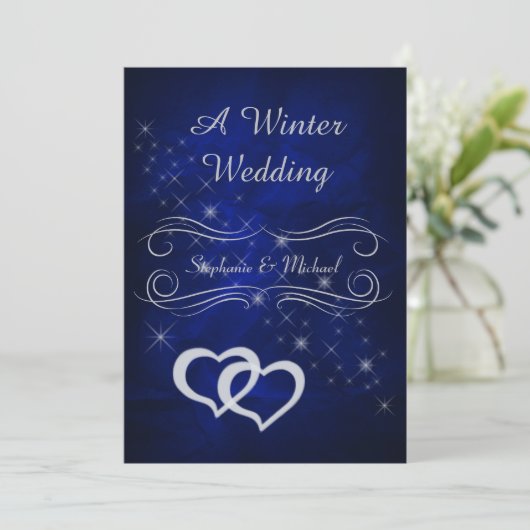 Elegant Blauw Zilver Winter Bruiloft Uitnodiging (Staand voorkant)