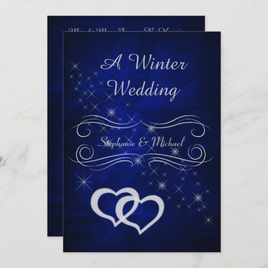 Elegant Blauw Zilver Winter Bruiloft Uitnodiging (Voorkant / Achterkant)