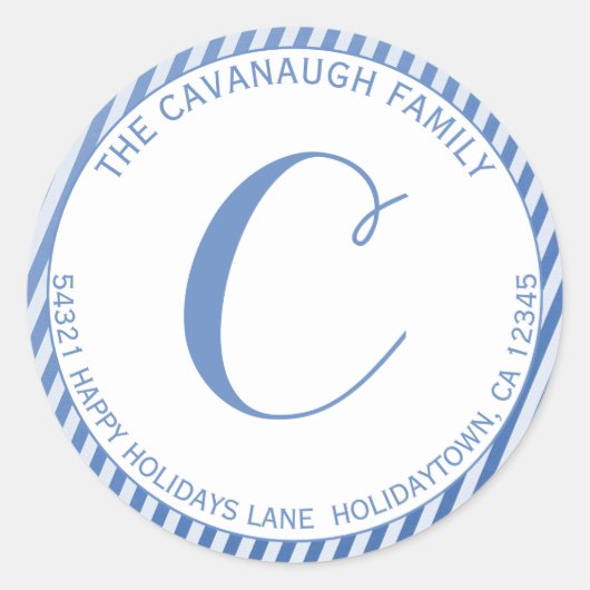 Elegant Blauw Zilveren Folie Streep Monogram Adres Ronde Sticker (Voorkant)