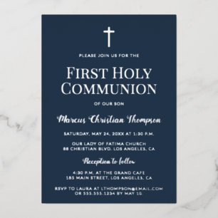 Elegant blauw Zilveren kruis Jongen Eerste Heilige Folie Feestdagenkaart