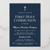 Elegant blauw Zilveren kruis Jongen Eerste Heilige Folie Feestdagenkaart (Voorkant)
