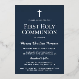 Elegant blauw Zilveren kruis Jongen Eerste Heilige Folie Feestdagenkaart