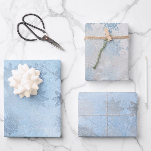 Elegant blauw zilveren marmer met sneeuwvlokken ke inpakpapier vel (Voorkant)