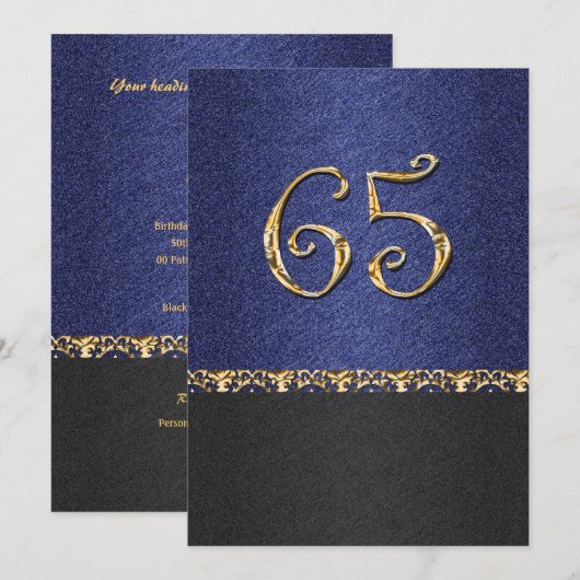 Elegant blauw zwart 65e gouden feest kaart (Voorkant / Achterkant)
