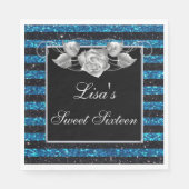 Elegant Blauw Zwart Glitter Zilver Roos Sweet 16 Servet (Voorkant)