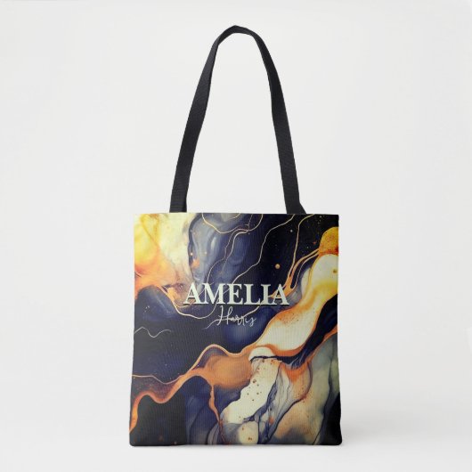 Elegant blauw zwart marmer kunst faux gouden glitt tote bag (Voorkant)