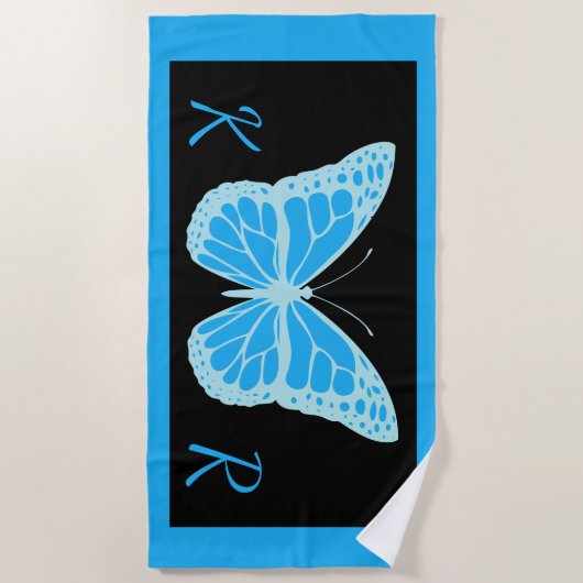 Elegant Blauw Zwart Vlinder Monogrammed Strandlaken (Voorkant)
