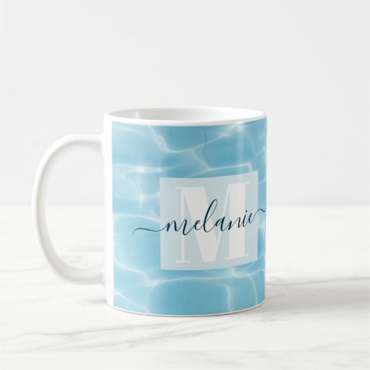 Elegant Blauw Zwemmen Monogram Script Koffiemok (Links)