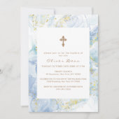 Elegant Blauwe Agaat Gouden Kruis Jongen Doop Kaart (Voorkant)