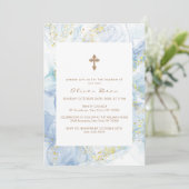 Elegant Blauwe Agaat Gouden Kruis Jongen Doop Kaart (Staand voorkant)