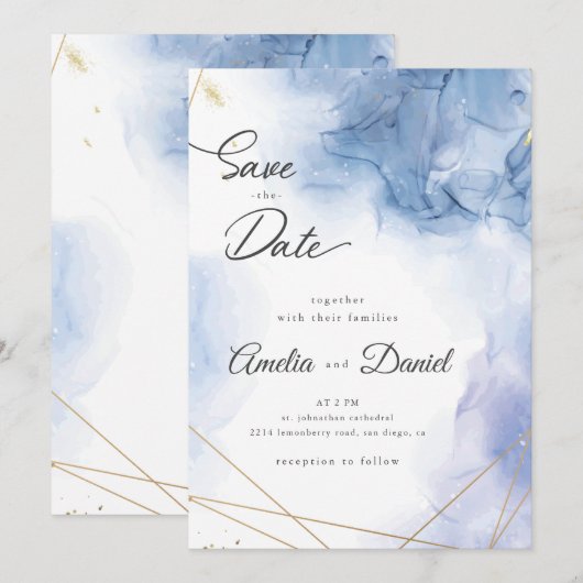 Elegant Blauwe Agaten Huwelijk Save the Date Kaart (Voorkant / Achterkant)