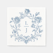 Elegant Blauwe Bloem Crest Monogram Bruiloft Servet (Voorkant)