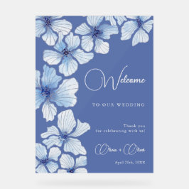 Elegant Blauwe Bloemen Bruiloft Welkom Acryl Bord