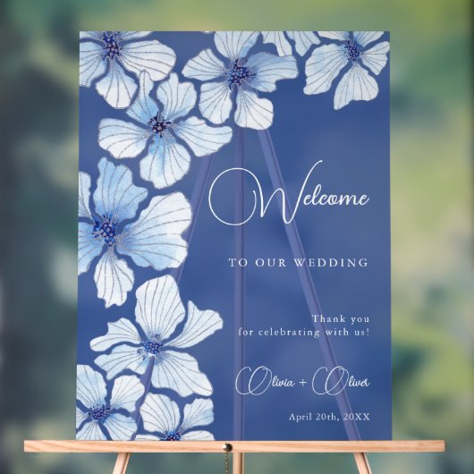 Elegant Blauwe Bloemen Bruiloft Welkom Acryl Bord (Neutraal)