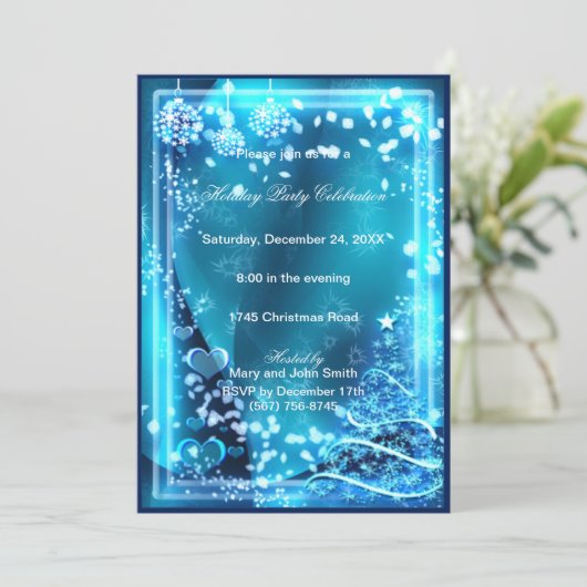 Elegant Blauwe Boom Harten Kerst Uitnodiging (Staand voorkant)