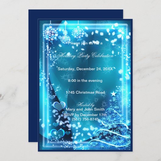 Elegant Blauwe Boom Harten Kerst Uitnodiging (Voorkant / Achterkant)