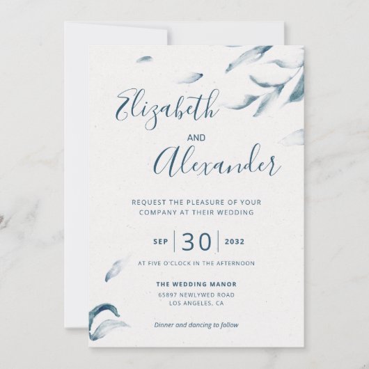 Elegant blauwe botanische waterverf simpele bruilo kaart (Voorkant)