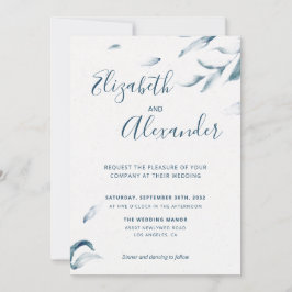 Elegant blauwe botanische waterverf simpele bruilo kaart