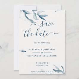Elegant blauwe botanische waterverf simpele bruilo save the date