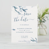 Elegant blauwe botanische waterverf simpele bruilo save the date (Staand voorkant)