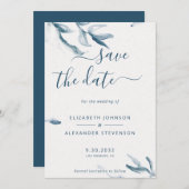 Elegant blauwe botanische waterverf simpele bruilo save the date (Voorkant / Achterkant)