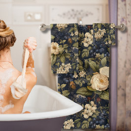 Elegant Blauwe Cream Bloemen Patroon Bad Handdoek