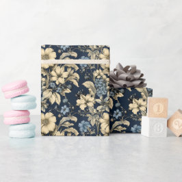 Elegant Blauwe Cream Bloemen Patroon Cadeaupapier