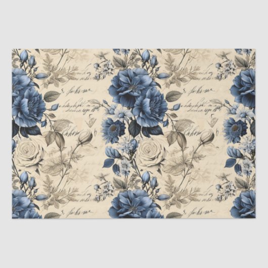 Elegant Blauwe Cream Bloemen Patroon Tissuepapier (Voorkant)