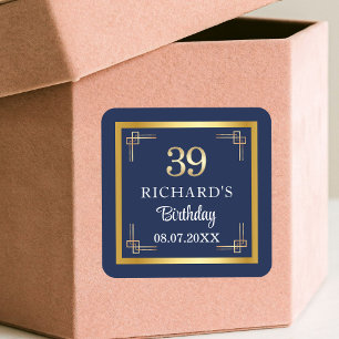 Elegant Blauwe Gouden 39e Verjaardagsfeestje Vierkante Sticker
