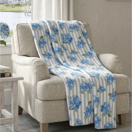 Elegant Blauwe Hortensia Patroon Grijze Streep Fleece Deken