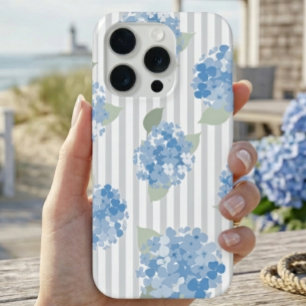 Elegant Blauwe Hortensia Patroon Grijze Streep iPhone 15 Pro Case