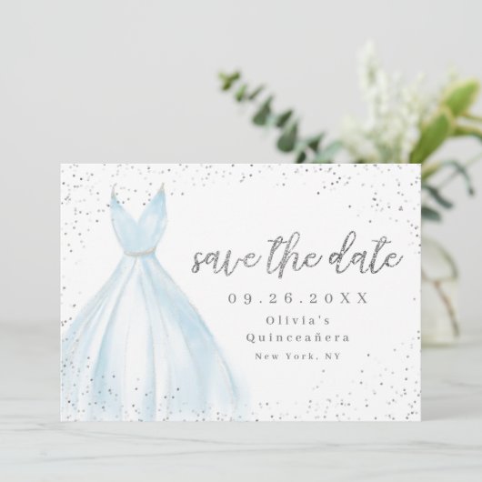 Elegant blauwe jurk redt de datum quinceanera save the date (Staand voorkant)