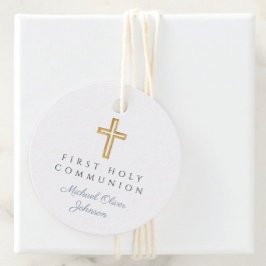 Elegant Blauwe Kruis Jongen Eerste Communie Rond Bedankjes Labels