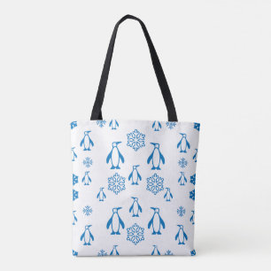 Elegant blauwe pinguïns met sneeuwvlokken tote bag