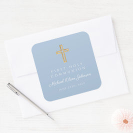Elegant Blauwe Religieuze Kruis Jongen Eerste Comm Vierkante Sticker