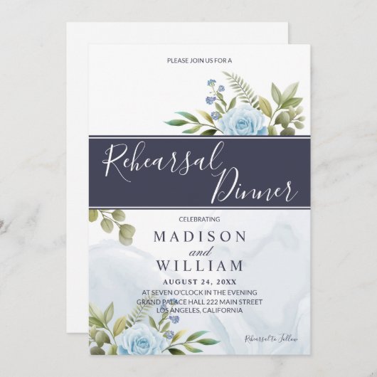 Elegant blauwe rozen proefbruiloftdiner kaart (Voorkant / Achterkant)