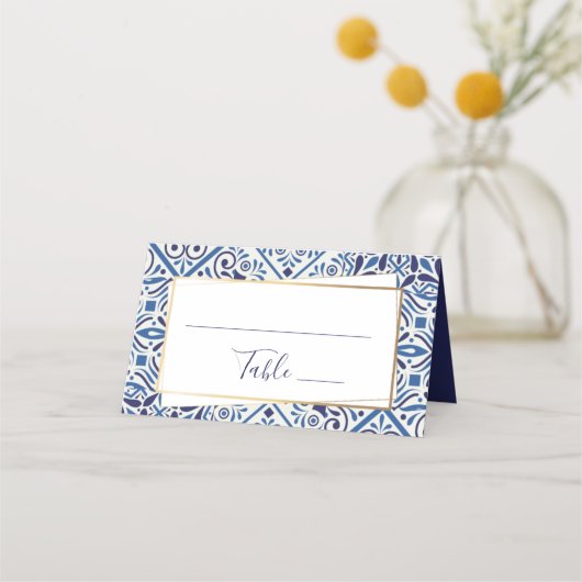 Elegant blauwe tegels en gouden plaatskaart plaatskaartje (Voorkant)