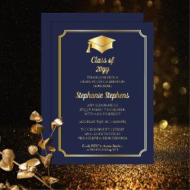 Elegant blauwe universitaire afstudeerfeest goud  folie uitnodiging