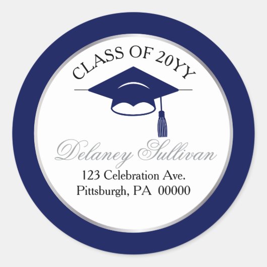 Elegant Blauwe Universiteit Afstudeer Retouradres Ronde Sticker (Voorkant)