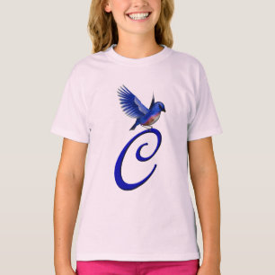 Elegant Blauwe Vogel Monogram Beginletter C T-shirt