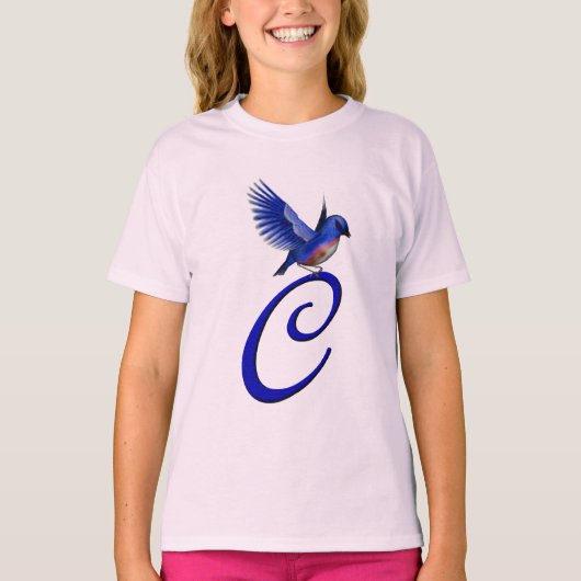 Elegant Blauwe Vogel Monogram Beginletter C T-shirt (Voorkant)