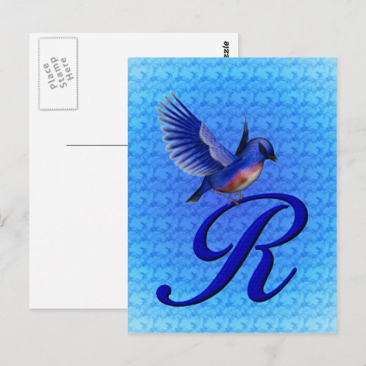 Elegant Blauwe Vogel Monogram Initiaal R Briefkaart (Voorkant / Achterkant)