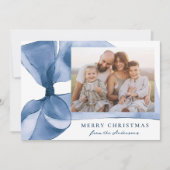 Elegant Blauwe Waterverf Bow 2 Foto Feestdagenkaart (Voorkant)